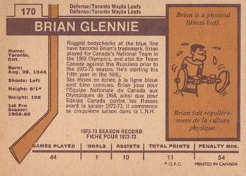 1973-74 O-Pee-Chee - Light Backs #170 Brian Glennie Back