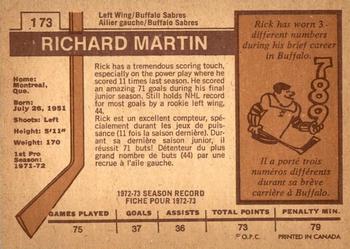 1973-74 O-Pee-Chee - Light Backs #173 Rick Martin Back