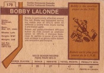 1973-74 O-Pee-Chee - Light Backs #179 Bobby Lalonde Back