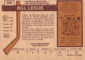 1973-74 O-Pee-Chee - Light Backs #205 Bill Lesuk Back