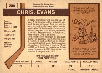 1973-74 O-Pee-Chee - Light Backs #208 Chris Evans Back