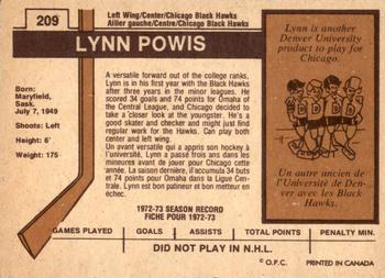 1973-74 O-Pee-Chee - Light Backs #209 Lynn Powis Back