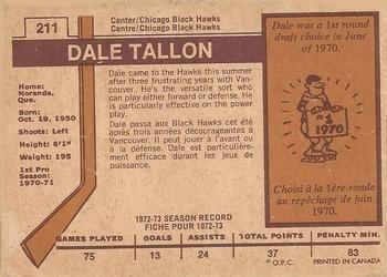 1973-74 O-Pee-Chee - Light Backs #211 Dale Tallon Back