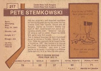 1973-74 O-Pee-Chee - Light Backs #217 Pete Stemkowski Back