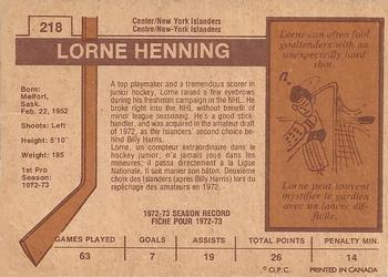 1973-74 O-Pee-Chee - Light Backs #218 Lorne Henning Back