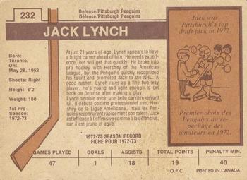 1973-74 O-Pee-Chee - Light Backs #232 Jack Lynch Back