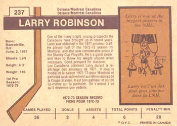 1973-74 O-Pee-Chee - Light Backs #237 Larry Robinson Back