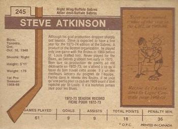 1973-74 O-Pee-Chee - Light Backs #245 Steve Atkinson Back