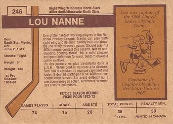 1973-74 O-Pee-Chee - Light Backs #246 Lou Nanne Back