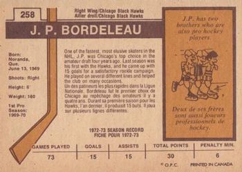1973-74 O-Pee-Chee - Light Backs #258 J.P. Bordeleau Back