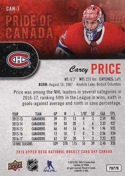 2018 Upper Deck National Hockey Card Day Canada #CAN-7 Carey Price Back