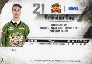 2017-18 North Bay Battalion (OHL) #7 Brandon Coe Back