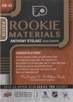 2015-16 Upper Deck - Rookie Materials Patches #RM-AS Anthony Stolarz Back