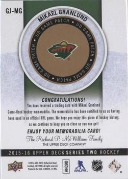 2015-16 Upper Deck - UD Game Patches (Series Two) #GJ-MG Mikael Granlund Back