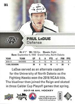2017-18 Upper Deck AHL - Silver Foil #31 Paul LaDue Back