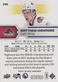 2017-18 Upper Deck AHL - Silver Foil #140 Matthew Highmore Back
