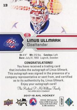 2017-18 Upper Deck AHL - Autographs #13 Linus Ullmark Back