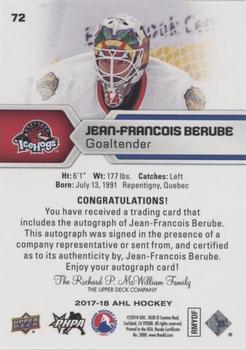 2017-18 Upper Deck AHL - Autographs #72 Jean-Francois Berube Back