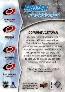 2017-18 Upper Deck Ice - Frozen Foursomes - Jersey #F4-CANES Justin Williams/Jordan Staal/Victor Rask/Teuvo Teravainen Back
