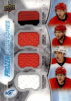 2017-18 Upper Deck Ice - Frozen Foursomes - Jersey #F4-CANES Justin Williams/Jordan Staal/Victor Rask/Teuvo Teravainen Front