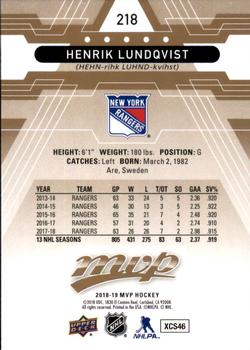 2018-19 Upper Deck MVP #218 Henrik Lundqvist Back