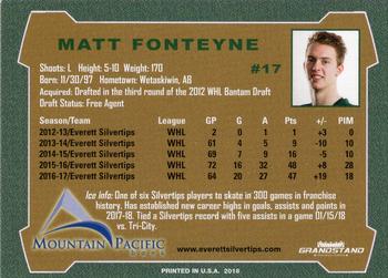2017-18 Grandstand Everett Silvertips (WHL) #8 Matt Fonteyne Back