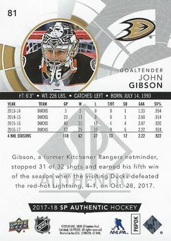 2017-18 SP Authentic - Limited Red #81 John Gibson Back