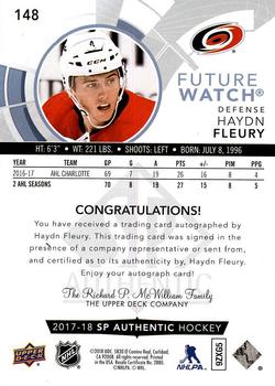 2017-18 SP Authentic - Autographed Future Watch Inscribed #148 Haydn Fleury Back