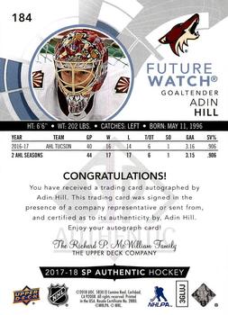 2017-18 SP Authentic - Autographed Future Watch Inscribed #184 Adin Hill Back
