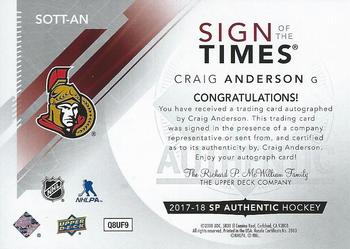 2017-18 SP Authentic - Sign of the Times #SOTT-AN Craig Anderson Back