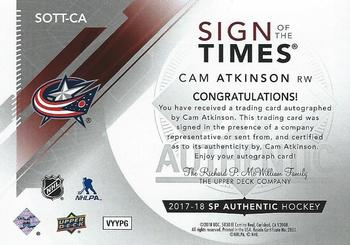 2017-18 SP Authentic - Sign of the Times #SOTT-CA Cam Atkinson Back