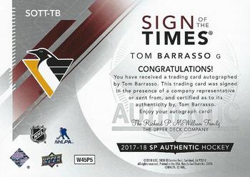 2017-18 SP Authentic - Sign of the Times #SOTT-TB Tom Barrasso Back