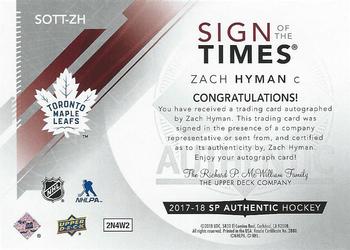 2017-18 SP Authentic - Sign of the Times Inscriptions #SOTT-ZH Zach Hyman Back
