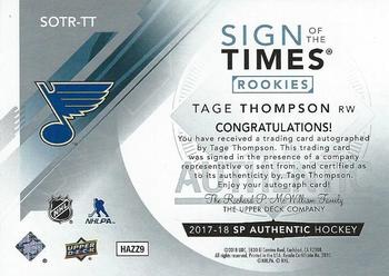 2017-18 SP Authentic - Sign of the Times Rookies #SOTR-TT Tage Thompson Back