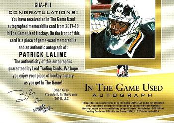 2017-18 Leaf In The Game Used - In The Game Used Auto #GUA-PL1 Patrick Lalime Back