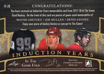 2017-18 Leaf In The Game Used - Induction Years #IY-28 Wayne Gretzky / Joe Mullen / Denis Savard Back