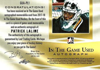 2017-18 Leaf In The Game Used - In The Game Used Auto Purple #GUA-PL1 Patrick Lalime Back