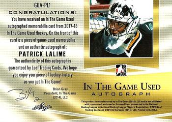 2017-18 Leaf In The Game Used - In The Game Used Auto Magenta #GUA-PL1 Patrick Lalime Back