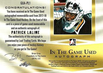 2017-18 Leaf In The Game Used - In The Game Used Auto Blue #GUA-PL1 Patrick Lalime Back
