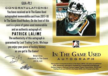 2017-18 Leaf In The Game Used - In The Game Used Auto Gold #GUA-PL1 Patrick Lalime Back