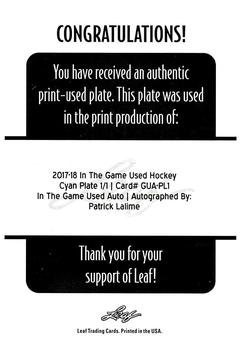 2017-18 Leaf In The Game Used - In The Game Used Auto Printing Plates Cyan #GUA-PL1 Patrick Lalime Back