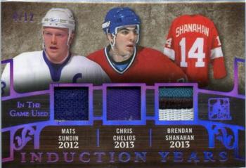 2017-18 Leaf In The Game Used - Induction Years Purple #IY-45 Mats Sundin / Chris Chelios / Brendan Shanahan Front