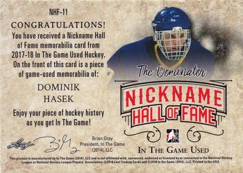 2017-18 Leaf In The Game Used - The Nickname Hall of Fame Green #NHF-11 Dominik Hasek Back