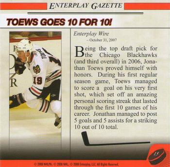 2007-08 Enterplay Fun Pak Player Standees - Headlines #15 Toews Goes 10 For 10 Back