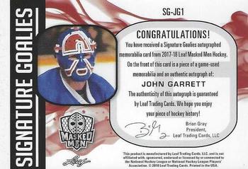 2017-18 Leaf Masked Men - Signature Goalies #SG-JG1 John Garrett Back
