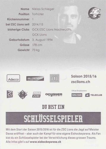 2015-16 ZSC Lions (NL) Autographs #NNO Niklas Schlegel Back