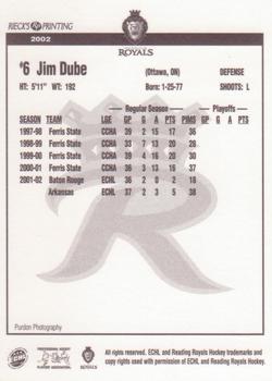 2002-03 Rieck's Printing Reading Royals (ECHL) #NNO Jim Dube Back