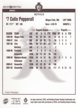 2002-03 Rieck's Printing Reading Royals (ECHL) #NNO Colin Pepperall Back