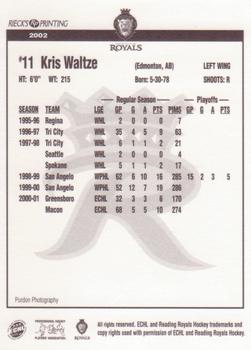 2002-03 Rieck's Printing Reading Royals (ECHL) #NNO Kris Waltze Back