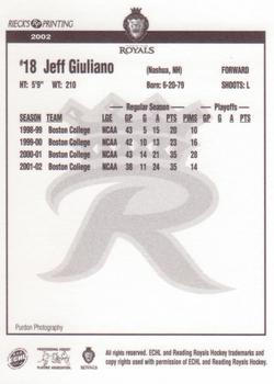 2002-03 Rieck's Printing Reading Royals (ECHL) #NNO Jeff Giuliano Back